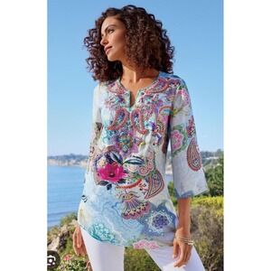 Soft Surroundings Florent Beaded Paisley Floral Tunic Top Boho Multicolor 2X